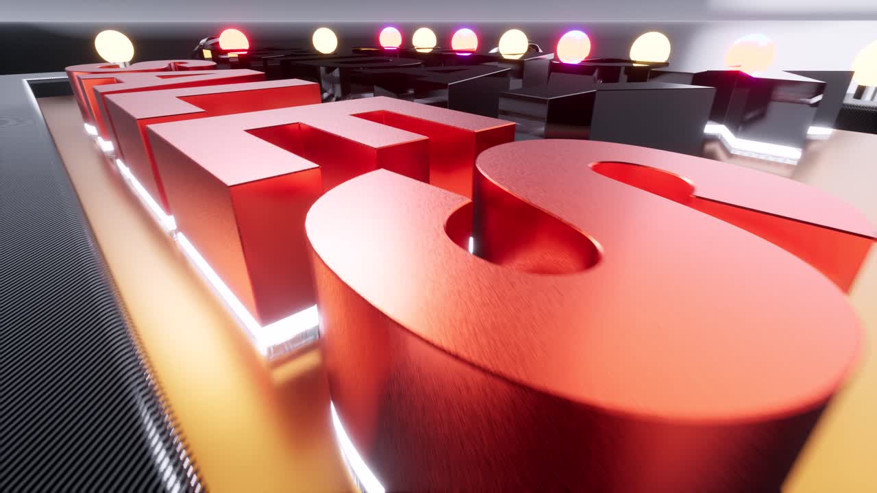 Black Friday sales sign with black and red letters, neon lights flashing, changing colors, and glossy materials, 3D animation camera fly above and away