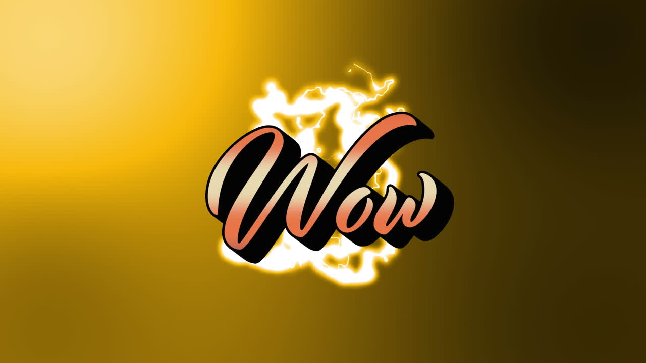 Animazione del testo "wow" su fulmini su sfondo verde.
