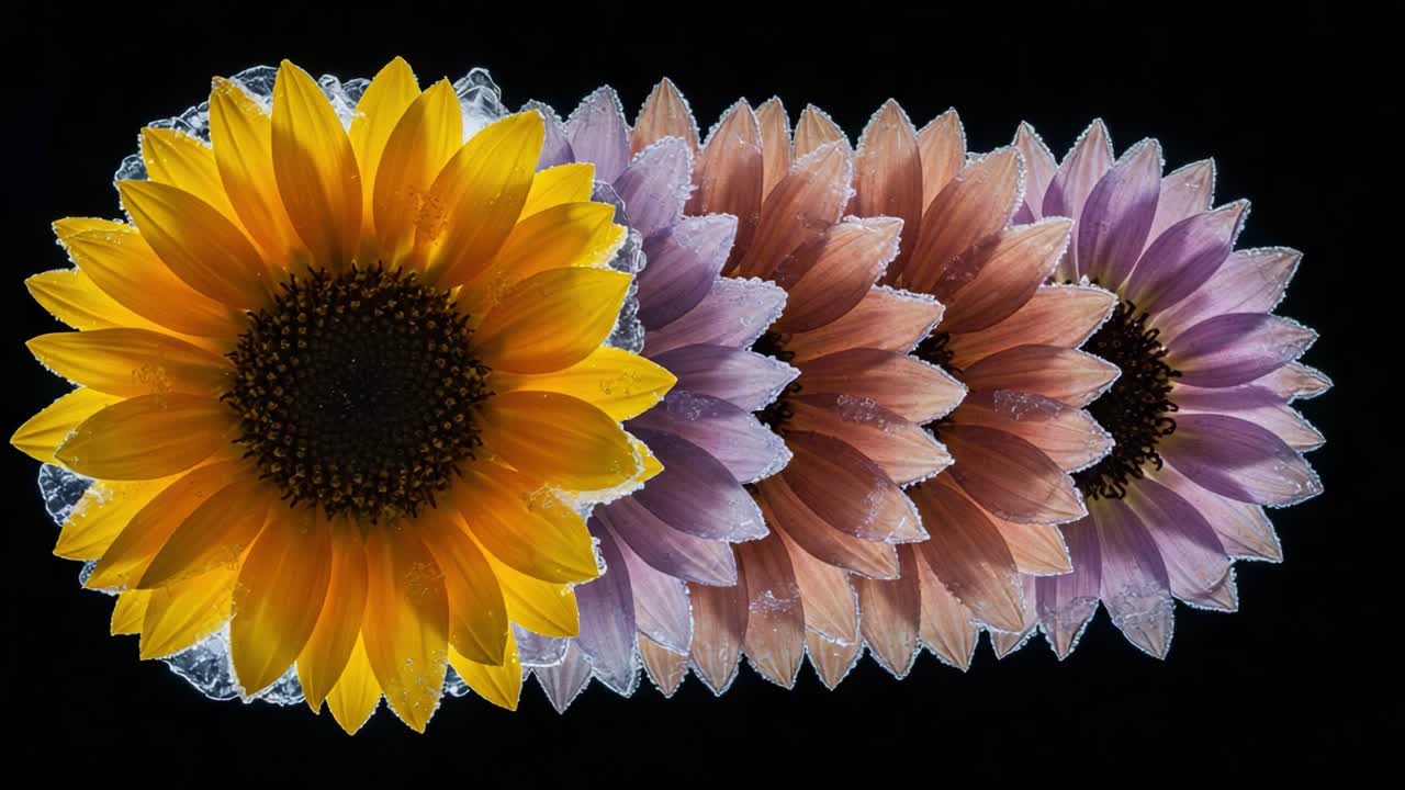 Captivating Transformation of Sunflowers in Stunning Color Gradients Against a Dark Background, Showcasing the Beauty of Nature's Palette