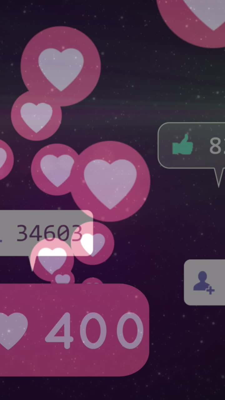 animación de iconos de redes sociales y números sobre corazones iconos de amor en el fondo