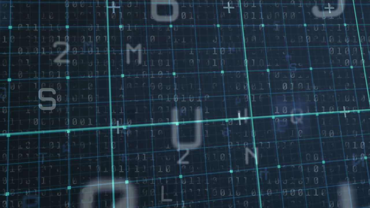 Animation of data processing on green background with letters