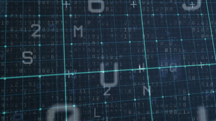 Animation of data processing on green background with letters