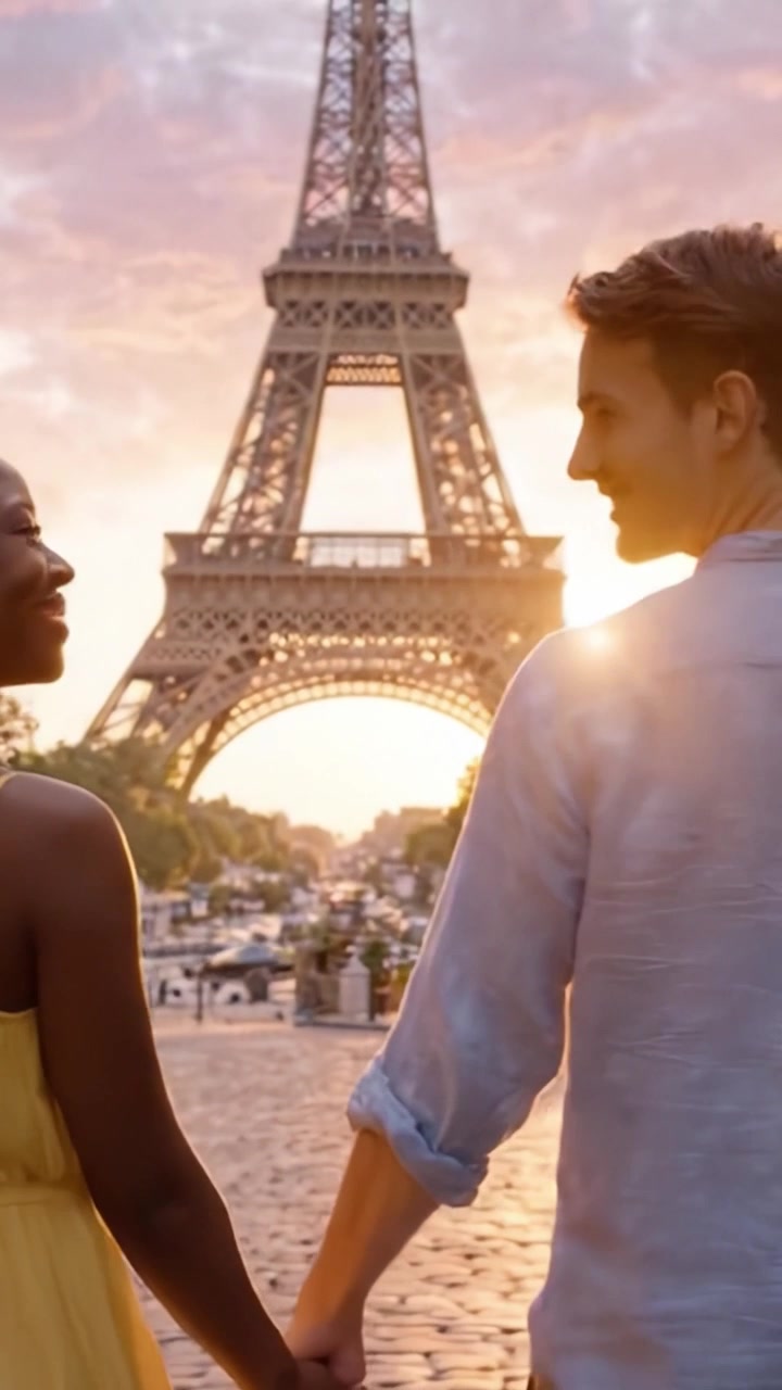Una Romantica Passeggiata al Tramonto: Una Coppia che Si Tiene per Mano Vicino alla Torre Eiffel, Godendosi la Bellezza Panoramica di Parigi Sotto un Cielo Colorato