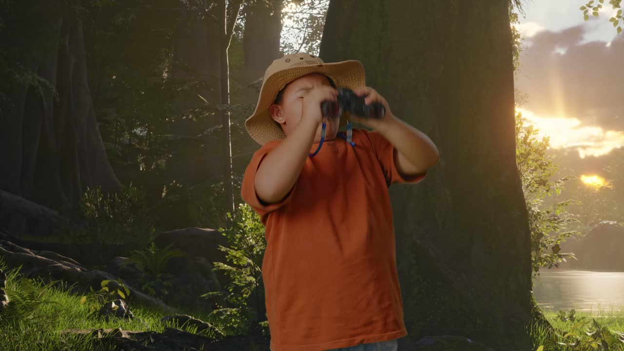 niño asiático con un sombrero de pie con dudas y preguntando por qué después de mirar a través de los binoculares. niño investigador examina algo mientras explora la naturaleza del bosque, concepto de aventura de turismo de viaje
