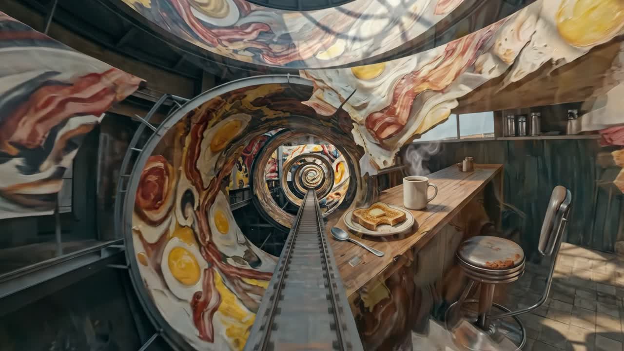 Reise durch einen skurrilen Frühstücksspeisen-Spiral-Tunnel