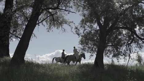 silhouette of couple horseback riding in a forest