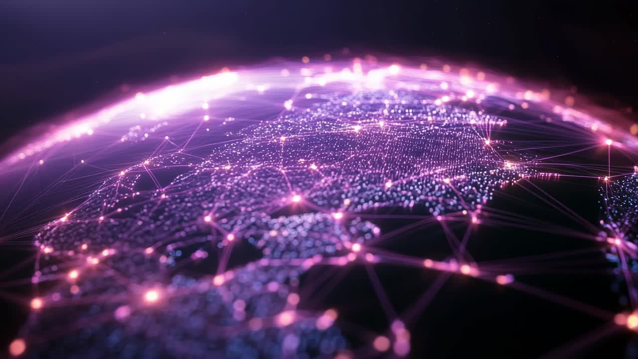 Aerial view of a glowing digital globe with interconnected points, illustrating global connectivity
