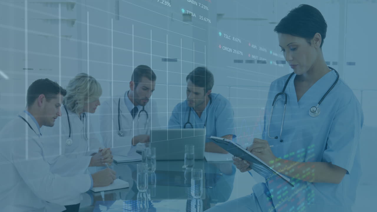 animación de gráficos y datos sobre diversas mujeres y hombres médicos durante la consulta