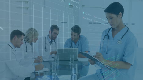 animation of graphs and data over diverse female and male doctors during consultation