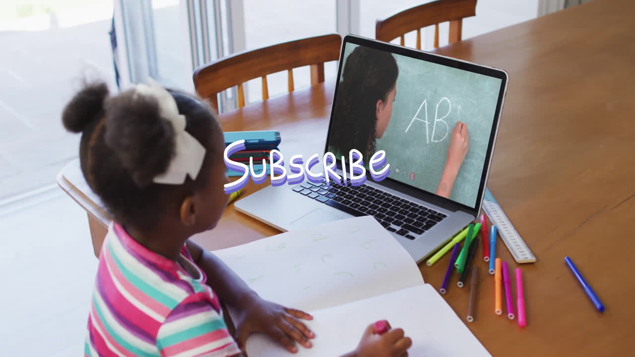Child learning alphabet online with Subscribe text animation over laptop screen