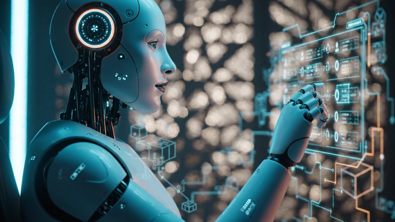 Una figura robotica futuristica con display olografici, che mostra intelligenza artificiale avanzata e tecnologia interattiva in un design elegante e metallico.