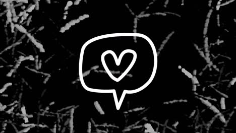 animation of white neon heart in speech bubble, over monochrome grass