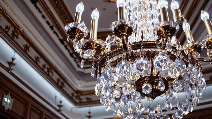 Elegante lampadario con dettagli in cristallo in una stanza lussuosa, ripreso da un angolo inferiore