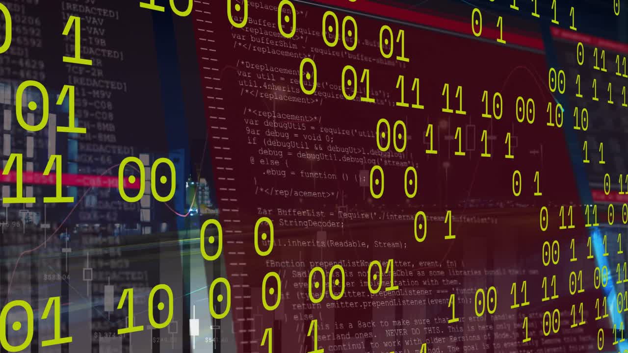 animación de código binario en el lapso de tiempo con el tráfico vial nocturno
