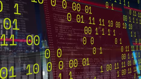 Animation of binary code over timelapse with night road traffic