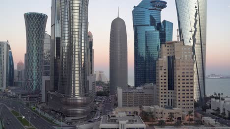 qatar skyline during sunset with colorful sky.