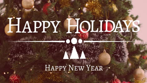 animation of happy holidays and happy new year christmas text over christmas tree in background