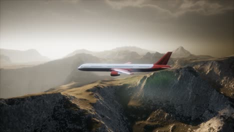 Passenger-aircraft-over-mountain-landscape