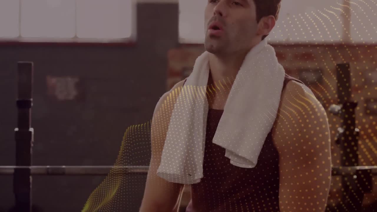 animación de puntos en movimiento sobre hombre en forma haciendo ejercicio en el gimnasio