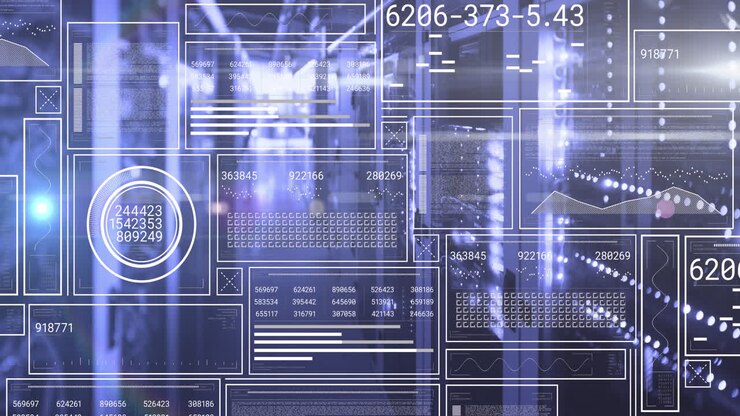 Animation of hud screens with changing numbers, graphs, loading bars, circles over server room