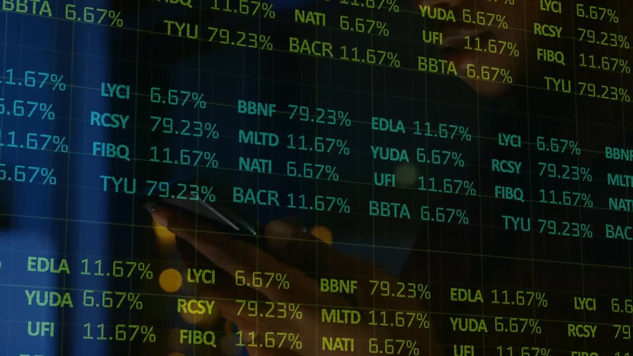 Animation of financial data processing over biracial woman using smartphone
