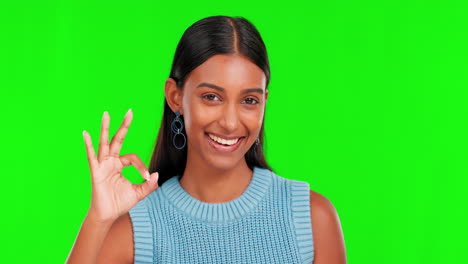 okay, happy and face of woman on green screen