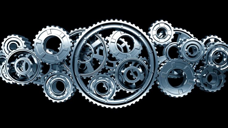 Big Metal Gears Turning in Working Mechanism. Beautiful Looped 3d Animation with Alpha Matte. Abstract Working Process. Teamwork Business and Technology Concept.