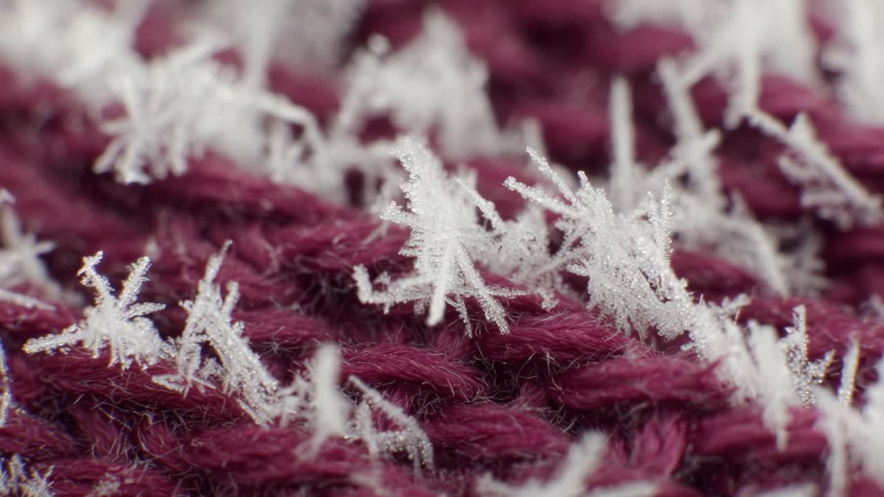 Intricate Details of Frost on Yarn: A Close-Up Perspective Revealing the Unique Patterns and Beauty of Frozen Crystals on Textile, Combining Nature's Artwork with Fabric Texture