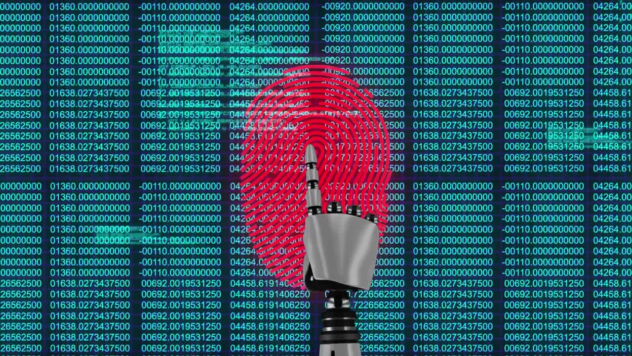 escaneo robótico de dedos sobre escáner biométrico contra el procesamiento de datos en fondo azul