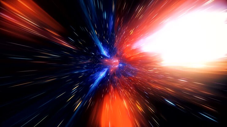 Abstract jump in space in hyperspace among stars and flying in the wormhole