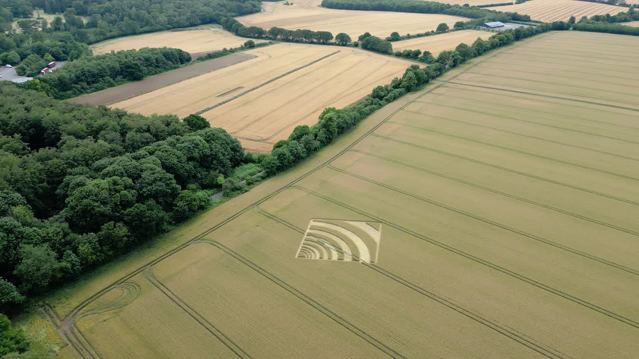 Circling aerial view above mysterious waveform crop square on Hampshire golden wheat farming countryside 2023