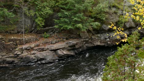 Dark-pure-wild-river-water-moving-through-chanel-made-of-dramatic-stone-rocks