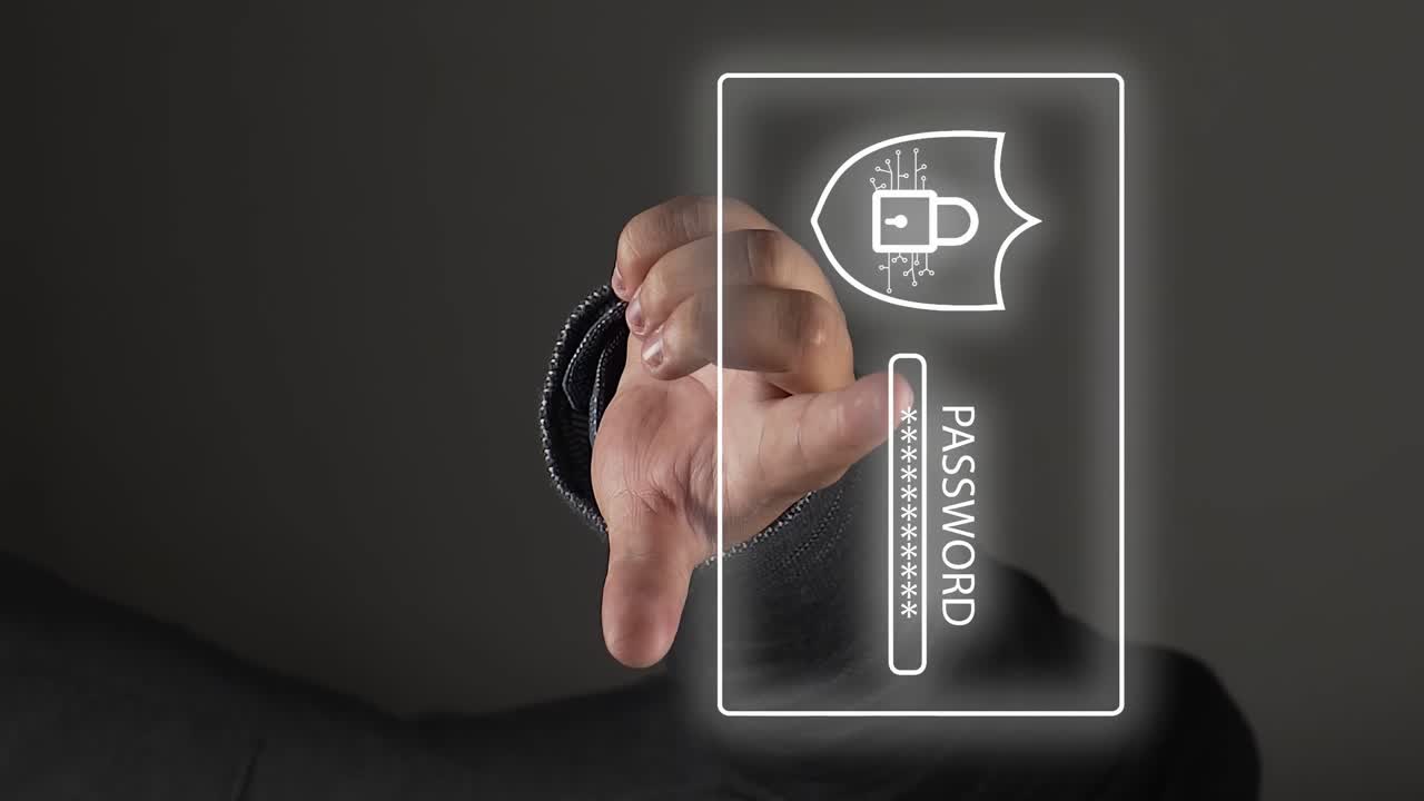 el dedo de la persona muestra el holograma de seguridad de contraseña con candado, vista de primer plano