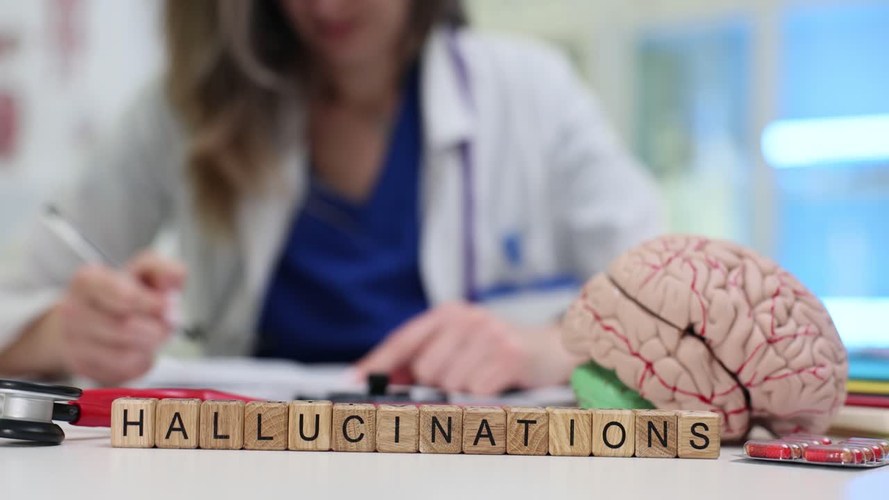 La parola allucinazioni su blocchi di legno e un modello di cervello sulla scrivania del medico