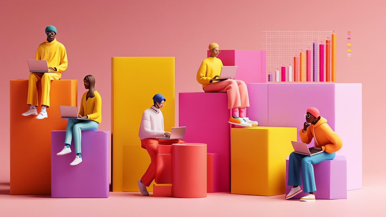 Colorful Figures Engaged in Collaborative Digital Work, Surrounded by Vibrant Block Structures, Representing Remote Team Collaboration or Online Learning in a Contemporary Setting