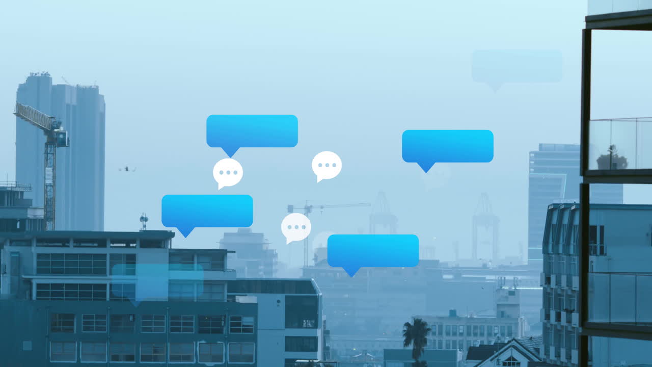 Speech bubbles animation over cityscape with cranes and buildings