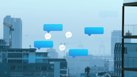 speech bubbles animation over cityscape with cranes and buildings
