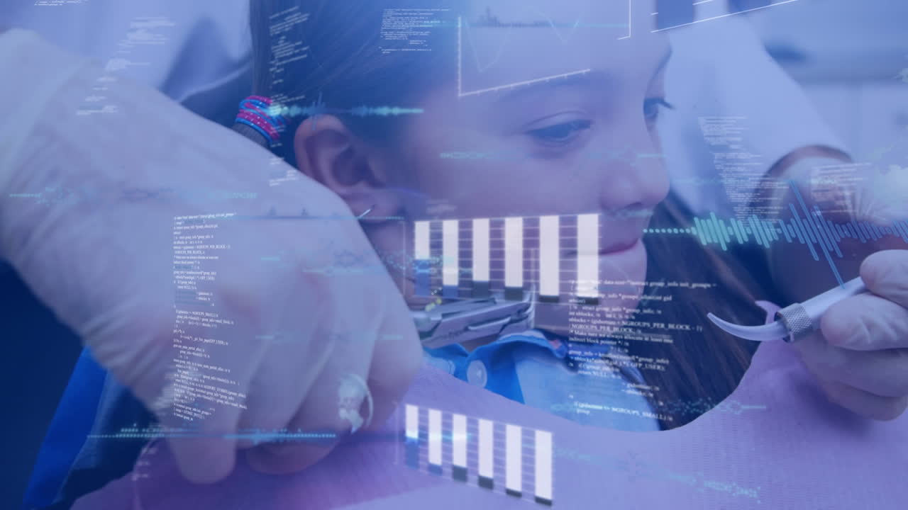 치과의사 의자에 있는 소녀에 대한 데이터 처리 애니메이션