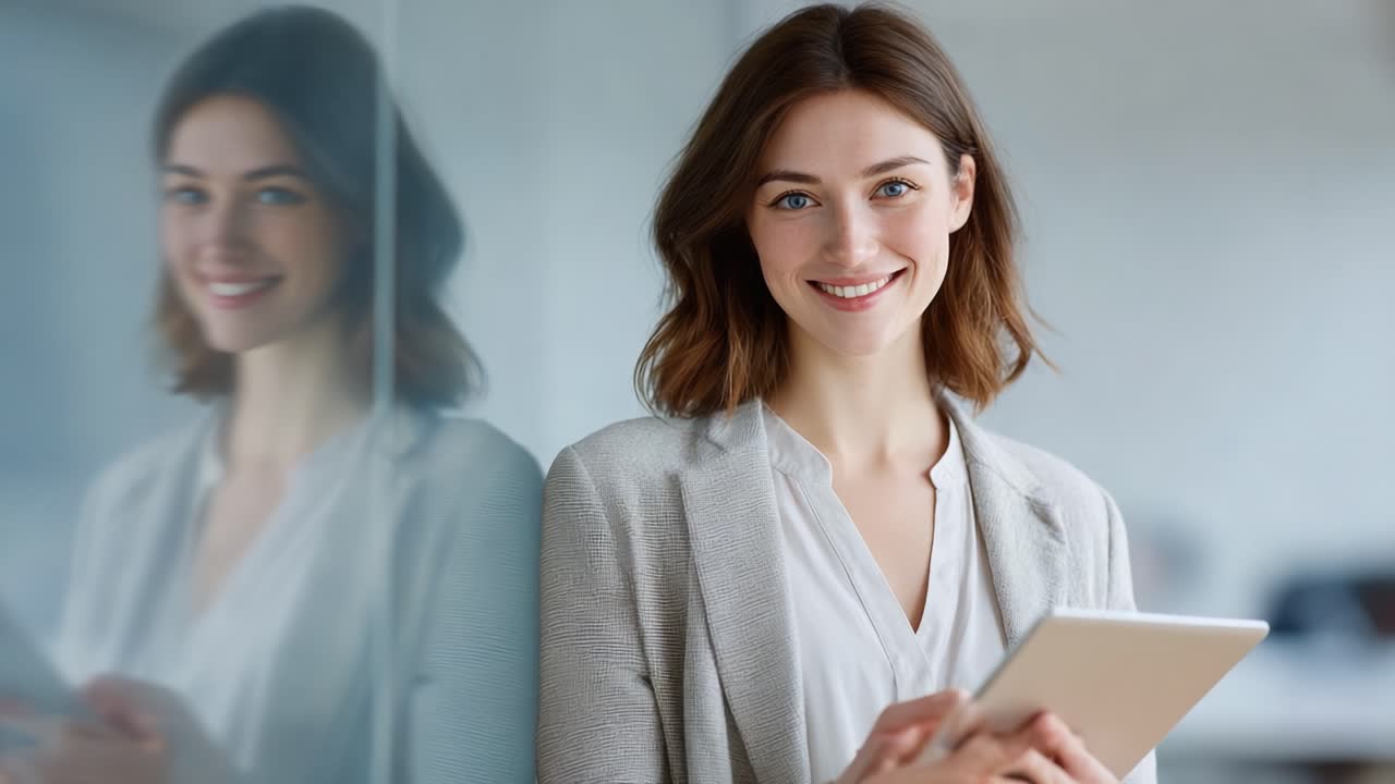 Una giovane donna sicura di sé con un sorriso smagliante che tiene in mano un tablet, mostrando professionalità moderna e coinvolgimento in un ambiente di lavoro contemporaneo