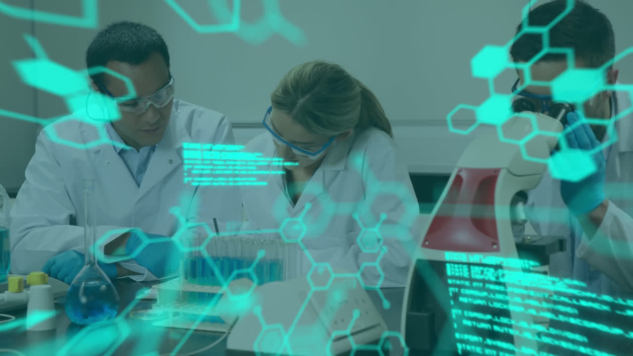 animación del lenguaje informático, estructuras moleculares, diversos investigadores que trabajan en el laboratorio