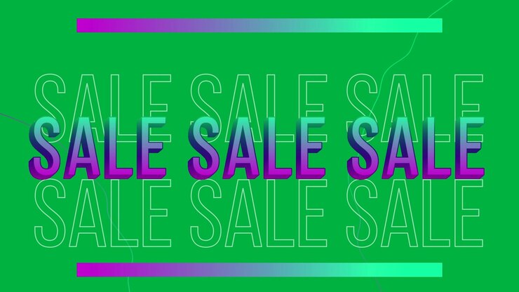Animation of sale text in green and purple glowing letters in repetition on white background