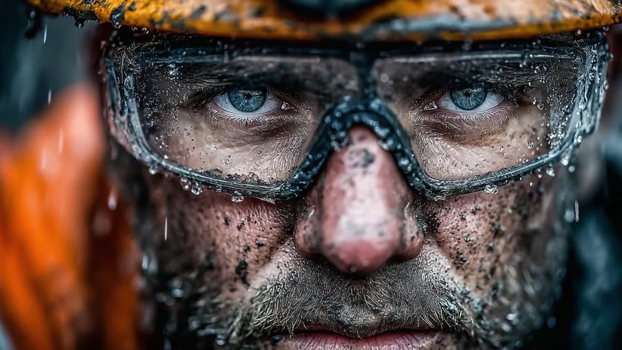 Intense Close-Up Portrait of a Determined Individual in a Rainy Environment, Highlighting the Grit and Resolve Through Drops of Water on Their Face