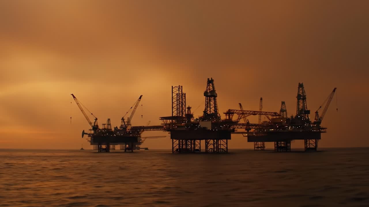Dramatik Bir Gün Batımının Altında Açık Deniz Petrol Platformlarının Estetik Görünümü: Doğanın Renkli Paleti Arasında Endüstriyel İhtişamı Yakalamak.
