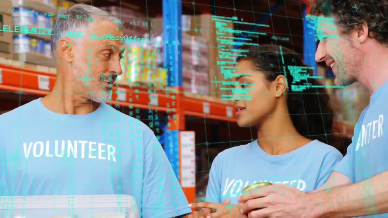Animation of data processing over diverse people working in warehouse