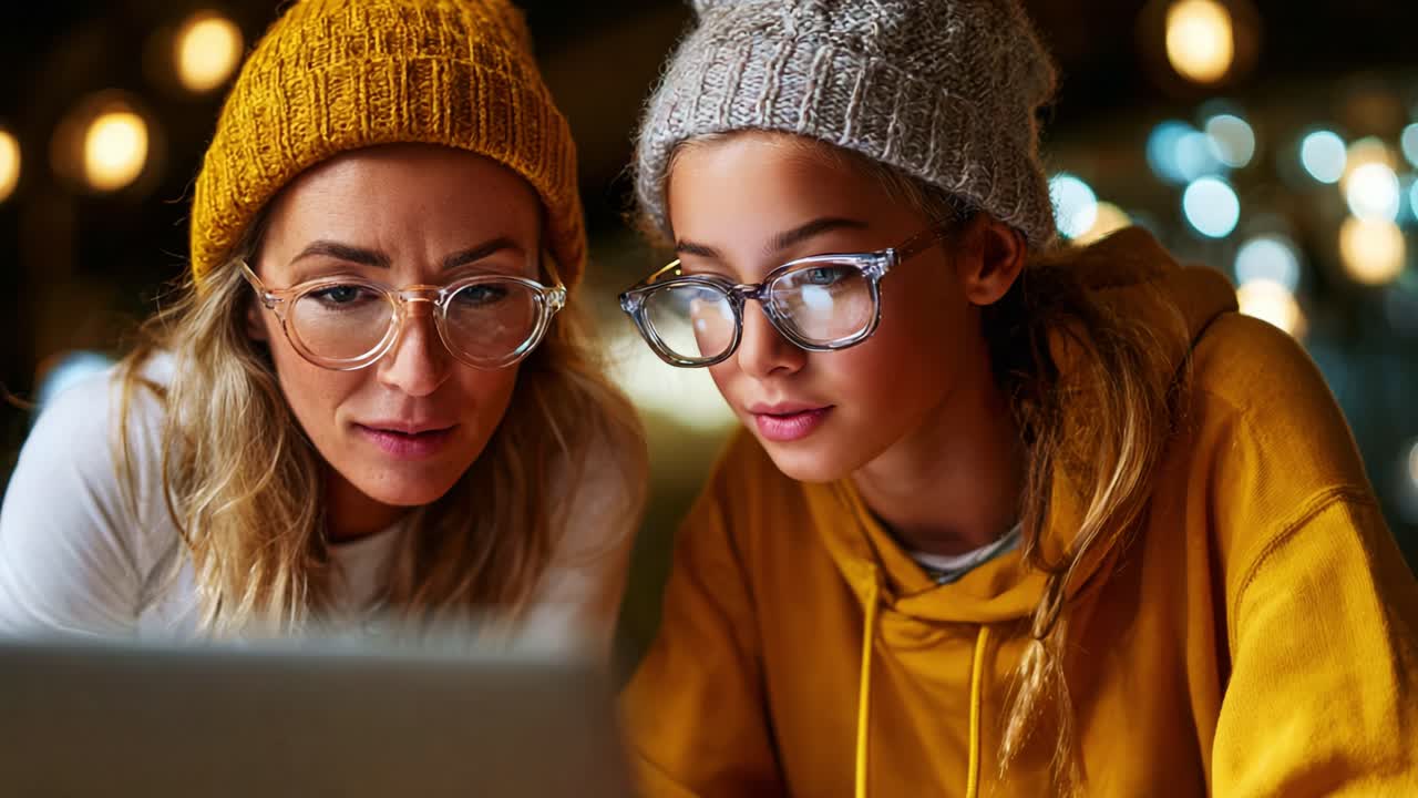 Duo concentrato impegnato in un'esplorazione collaborativa mentre utilizza la tecnologia, indossa abiti invernali comodi e occhiali, con un'atmosfera calda e invitante in un ambiente con illuminazione soffusa