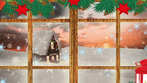 Animation-of-snow-falling-over-house-with-christmas-fairy-lights-seen-through-window