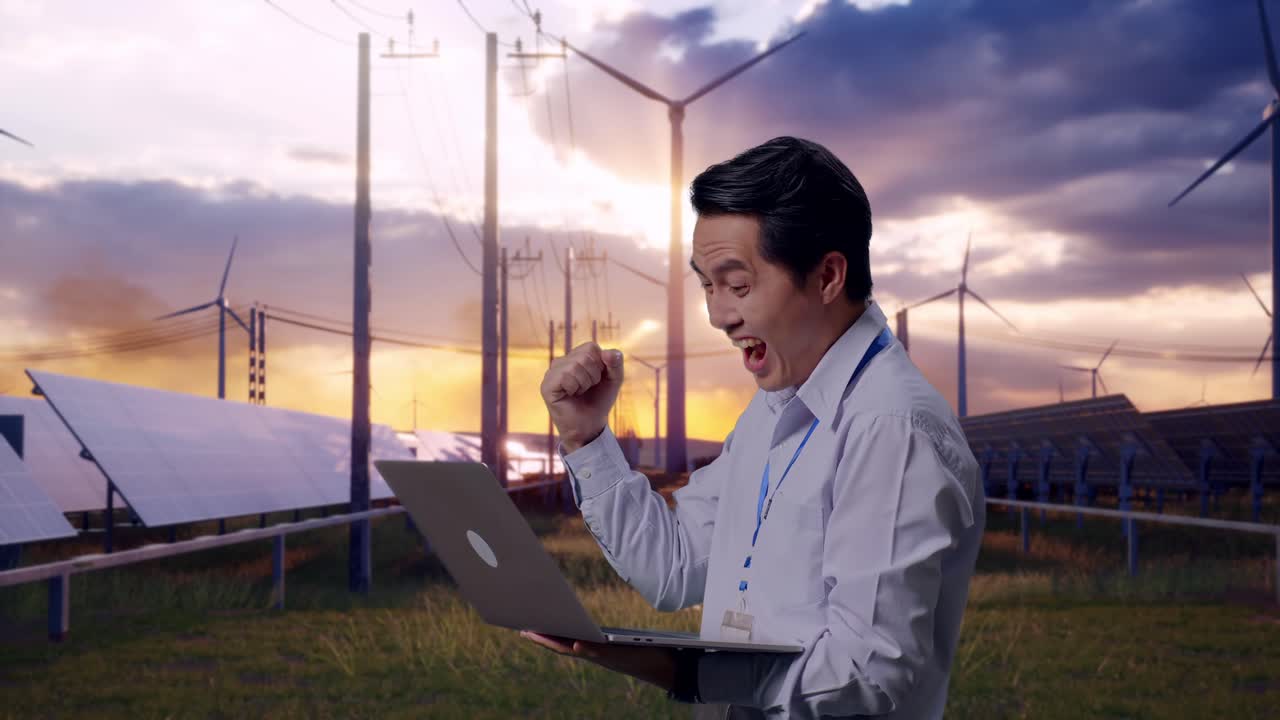 Side View Of An Asian Male Professional Worker Standing With His Laptop With Solar Panel and Wind Turbines, He Raises His Fist Up With Screaming Goal After Typed On The Laptop