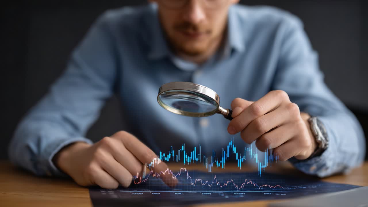 Analyzing Financial Trends: A Focused Individual Examines Data With a Magnifying Glass to Uncover Insights from a Digital Chart Display