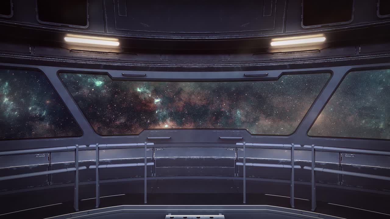 vista desde la cubierta principal de la nave espacial mientras vuela a través del colorido cosmos en el espacio ultraterrestre