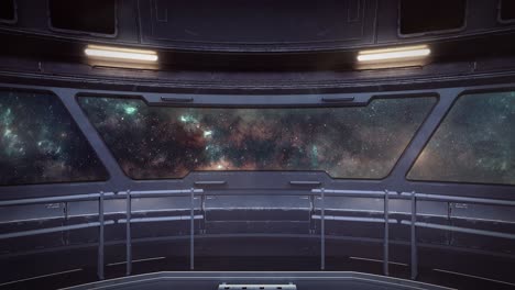 view from main deck of spaceship as it flies through colorful cosmos in outer space